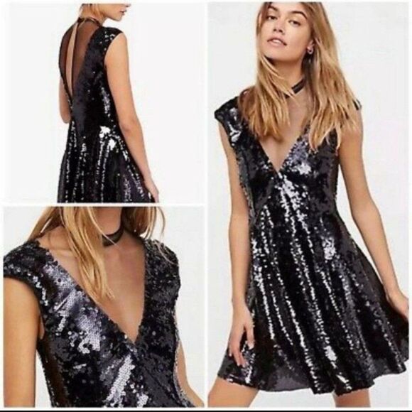 NWT|Free People Dance Til Dawn Black Sequin Skater Mini Dress, SMALL - Picture 1 of 6